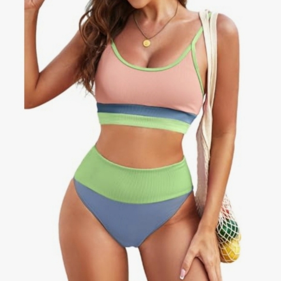 Other - 2 Piece High Waisted Color Block Bikini Set Swimsuit Beach Bathing Suit XS